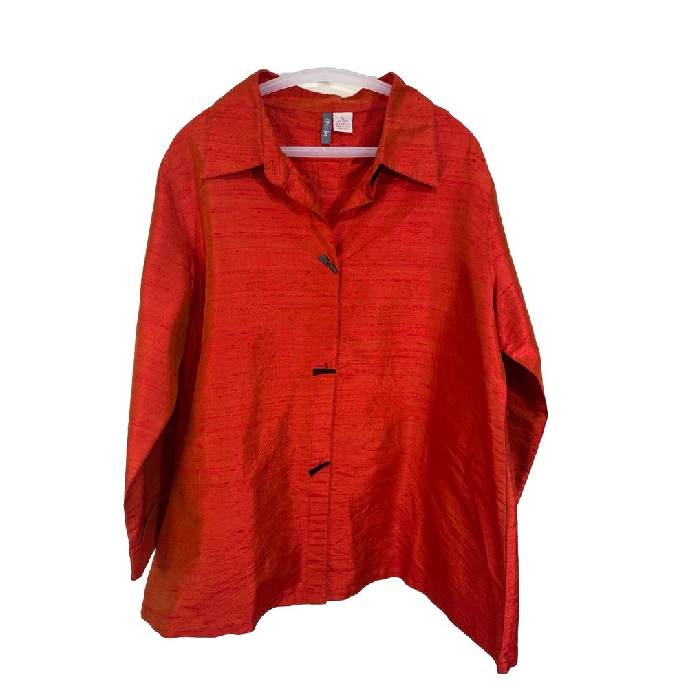 Anu Womens Large Orange Iridescent Silk Button Up Long Sleeve Blouse Top